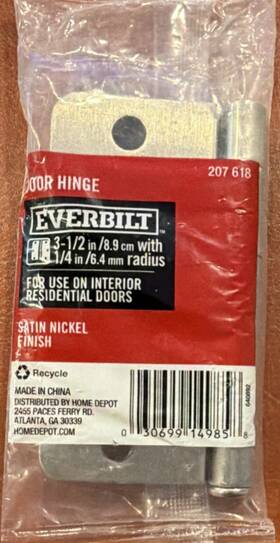 207-618 Everbilt Door Hinge 207 618 3-1/2 Inch X 1/4 Radius Satin Nickel Finish New