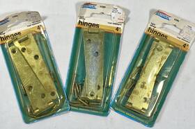 127-514 National 3 Pair 6 Hardware Brass Plated Strap Hinges W Screws New Old Stock
