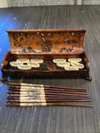 Vtg Chinese Claw Footed Hinge Box Relief Filigree Dragon Chest Chopstick Set. Fixed Price $125.00.