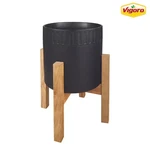 Vigoro Ceramic Planter With Wood Stand 10 Black Indoor Modern Pot. Fixed Price $49.01.